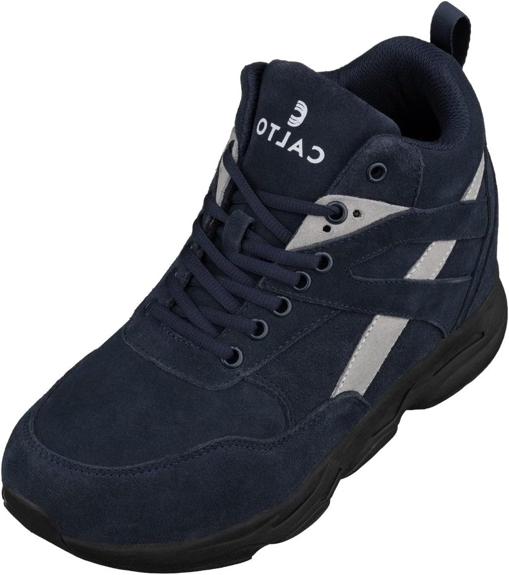 CALTO Men's Invisible Height Increasing Elevator Trainer Shoes - Blue/Grey Lace-up Fashion High-Top Hiker Sneakers - 4.0 Inches Taller - S33595 - Size 9 D(M) US