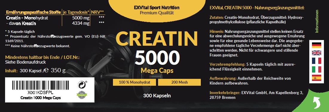Creatina 5000 Mega Caps, 5000 mg creatina monohidratada/día, 300 cápsulas veganas, 100% pura, control laboratorio (Paquete de 2)