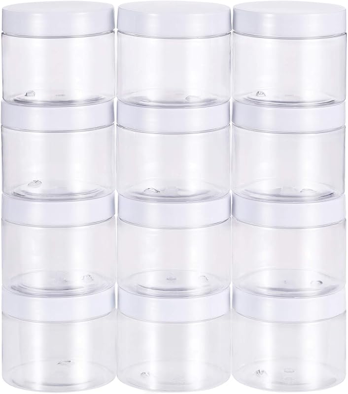SATINIOR Pacote com 12 frascos plásticos redondos de 210 mL com tampas, brancos