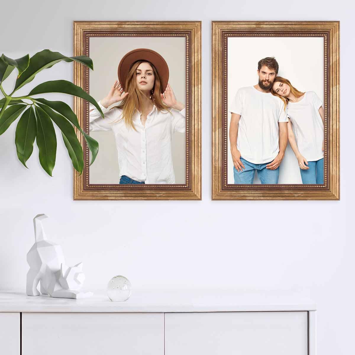 PHOTOLINI Barock-Bilderrahmen A4 21x30 cm in Gold antik, 2er Set Holz-Rahmen Vintage, Made in Germany, Echtglas, zum Aufhängen, mit Zubehör - verleiht Deinen Fotos das besondere Etwas