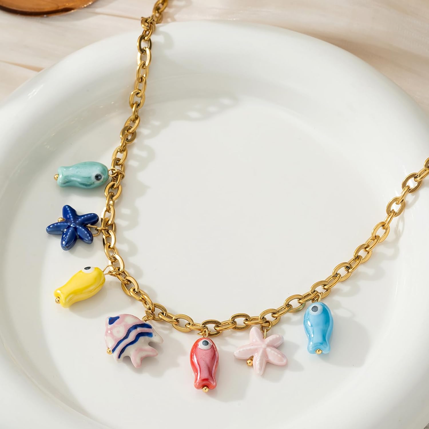 Charm Necklace for Women,Delicate Seashell Charms Stainless Steel Necklace for Women, Gold Chain with Tropical Fish, Starfish, Conch Cute Summber Beach Jewelry Gifts - Image 3