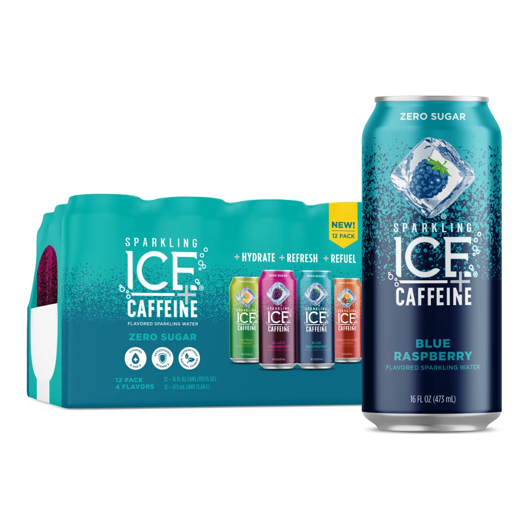 Sparkling Ice +Caffeine Black Raspberry Sparkling Water, with Antioxidants and Vitamins, Zero Sugar, 16 fl oz Cans (Pack of 12) : Grocery & Gourmet Food