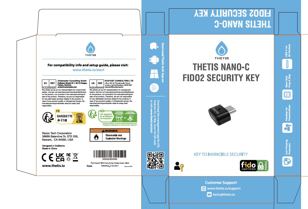 Thetis Nano-C FIDO2 - Dispositivo de Llave de Seguridad con USB Tipo C, TOTP/HOTP, FIDO2.0 autenticación de Dos factores 2FA MFA, Funciona con Windows/Mac/iOS/Android/Linux/Gmail/Facebook/GitHub