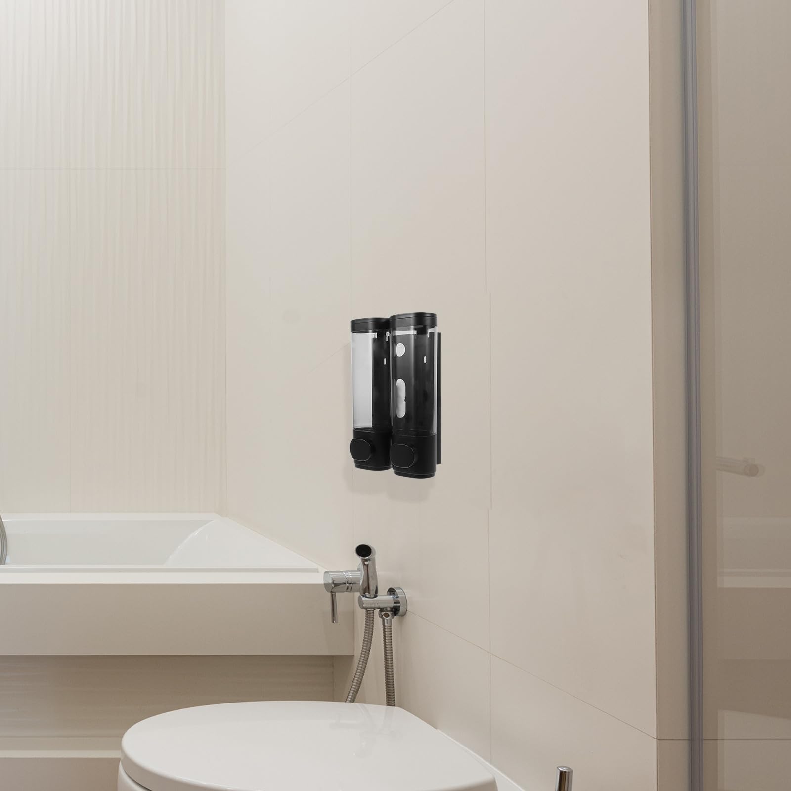 BESTOYARD Dispensador de Jabón Colgante, Dosificador de Loción de Pared, 300ml, Plástico, Negro, sin Perforaciones, Bomba Suave para Champú y Lociones, Restaurantes y Hospitales