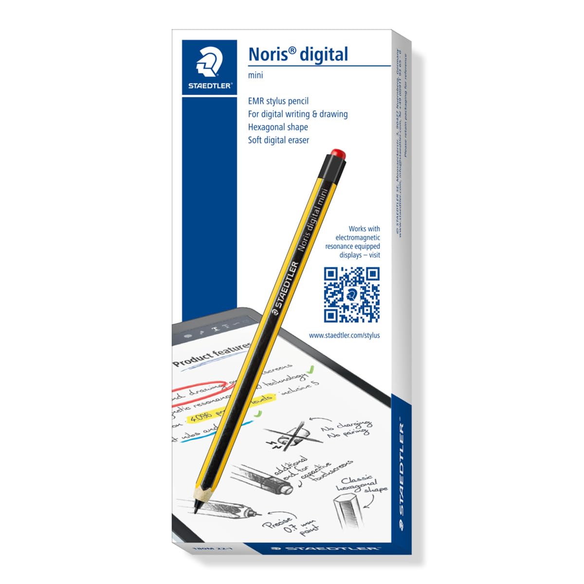 STAEDTLER Noris Digital Mini 180M 22. Lápiz capacitivo 2 en 1 para escritura digital y dibujo en EMR y pantallas táctiles capacitivas (forma redonda, incluye 5 puntas de repuesto EMR y herramienta)