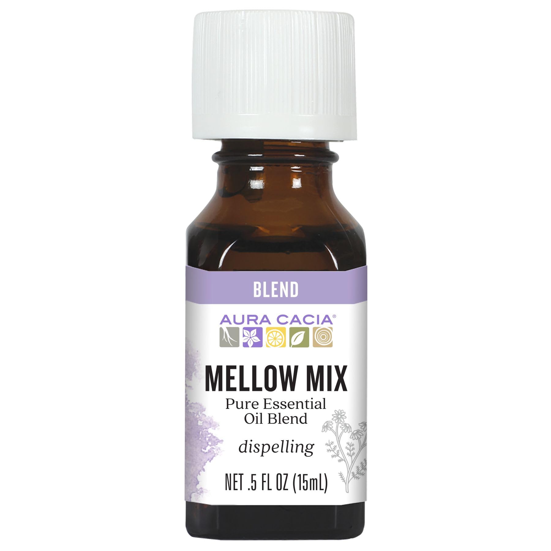 Aura Cacia Mellow Mix Essential Oil Blend | Lavender, Sandalwood, Lemon, Petitgrain, Roman Chamomile, Neroli - Calming Aromatherapy for Diffusion, Topical Use | 0.5 Fl Oz (Pack of 1)