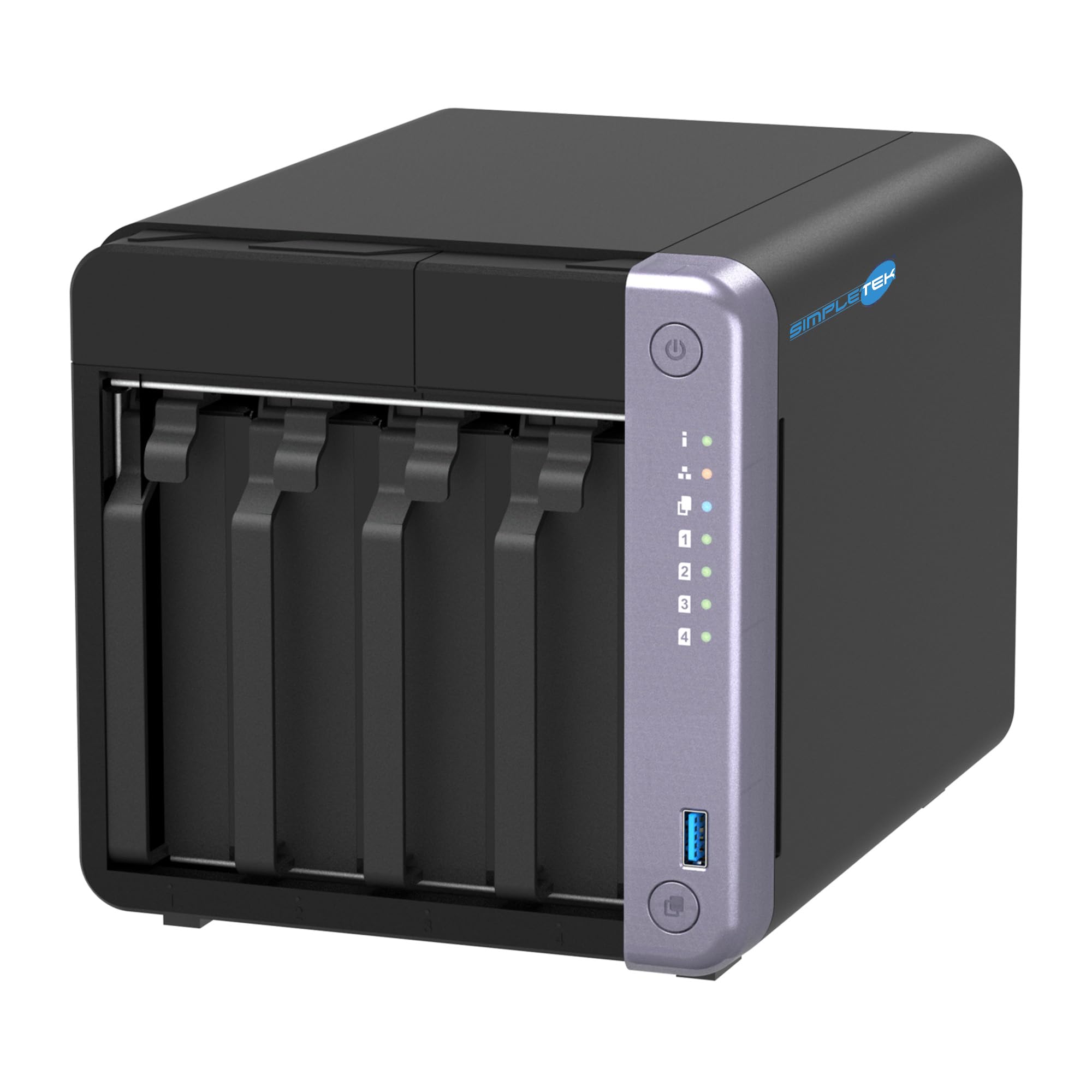 SIMPLETEK - Profesjonalny 4-komorowy serwer NAS - 10 GbE SFP+ i 2,5 GbE - 4 GB RAM (maks. 16 GB) - w zestawie 4 x 240 GB SSD - 2 gniazda M.2 NVMe - podwójny port 2,5 GbE