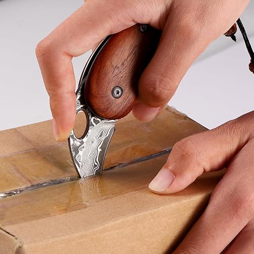 Miniatura 8 de EZKIT Cuchillo de bolsillo de Damasco, pequeño cuchillo EDC con mango de madera plegable, longitud de la hoja 2 pulgadas