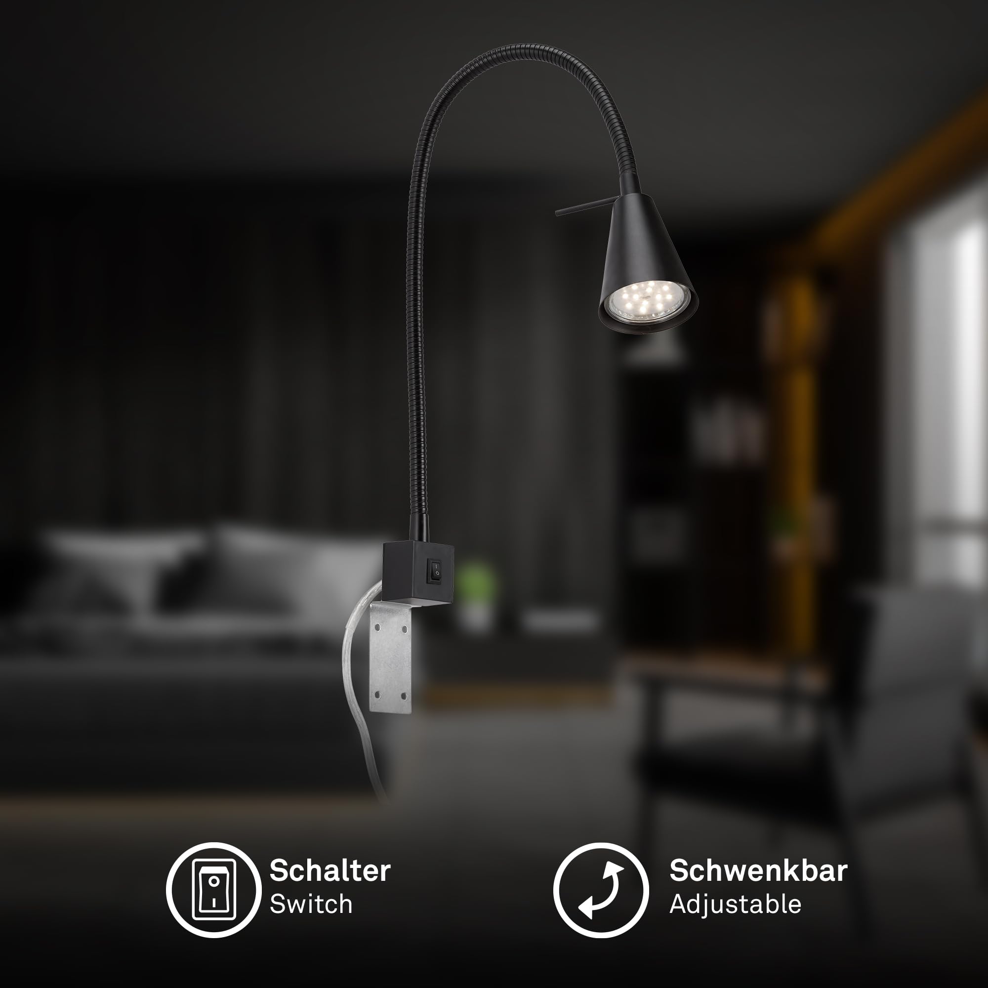 BRILONER - Lampe de Chevet LED, Lampe de Chevet avec Bras Flexible, Interrupteur Marche/Arrêt Inclus, 4 Watt. 400 Flux de lumières, 3.000 Kelvin, Noir