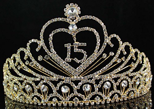 Quinceanera Sweet 15 Fifteen Years Old15Th Birthday Party Princess Coronas De Quinceañeras Austrian Rhinestone Crystal Tiara Crown With Hair Combs T1756G Gold #TOP1