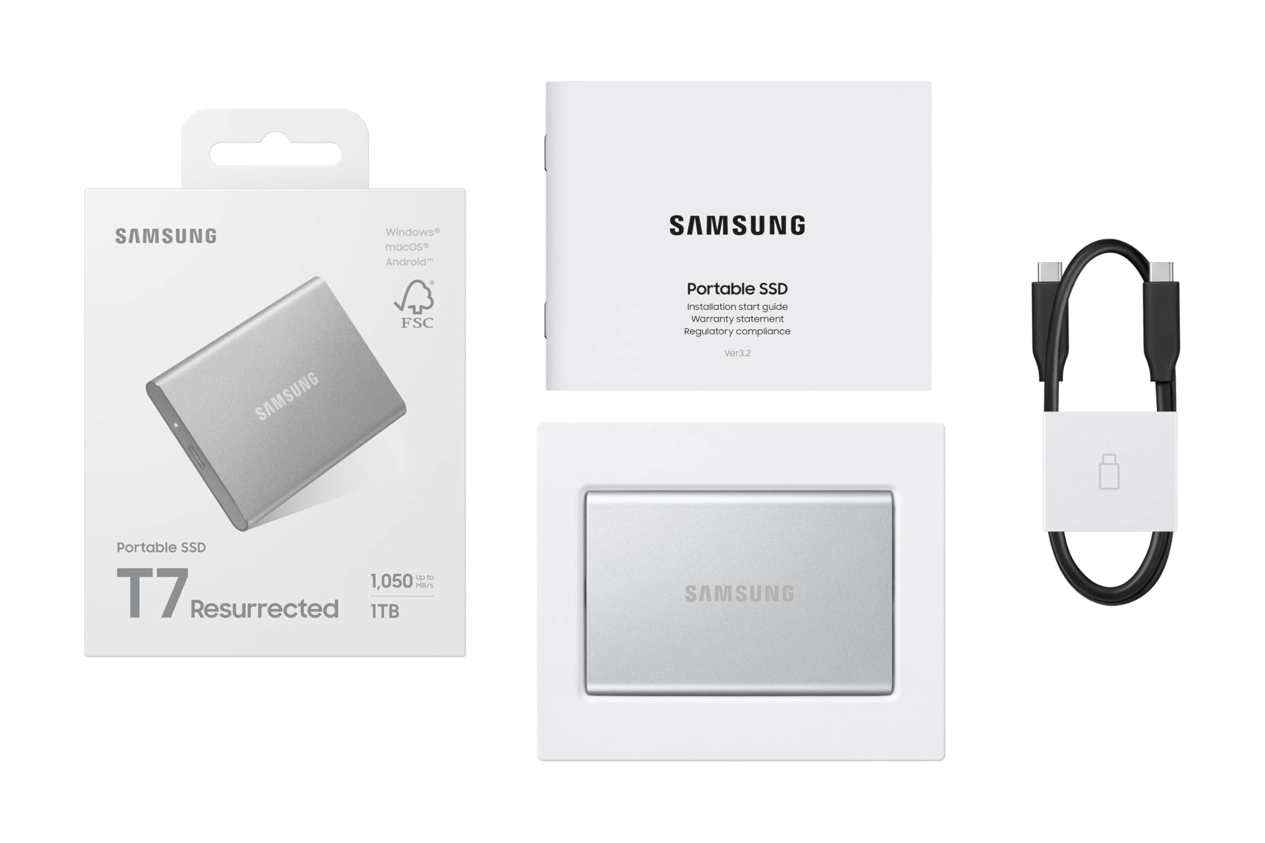 Samsung T7 Resurrected MU-PD1T0G/WW, SSD Externe Portable Gris Clair, 1 to, USB 3.2 Gen.2