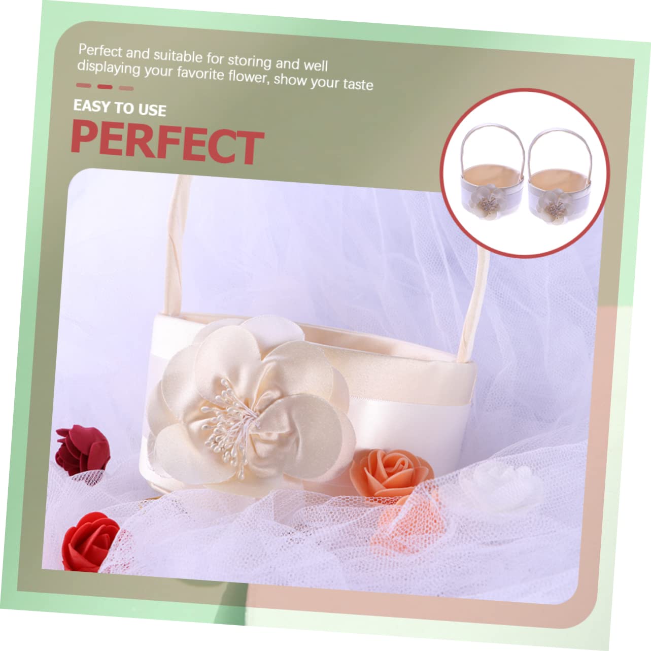 2 Stück-pack Runde Hochzeitskörbchen aus Stoff in Weiß, Handlich | Blumenmädchen, Zartes Satin Design, Passend für Jubiläum und Verlobungsfeier