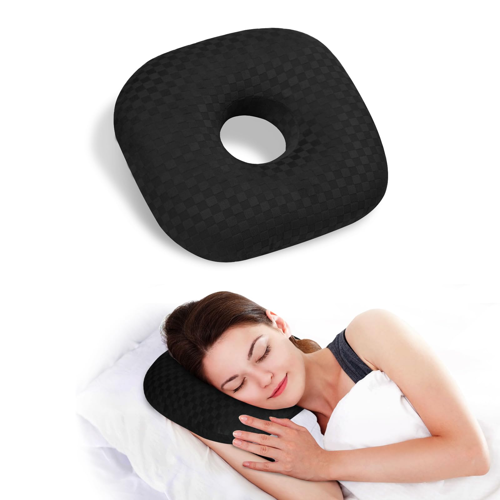 Babyezz Ear Piercing Pillow for Side Sleepers - Ear Hole Pillow for Pierced Ears, CNH & Pain Relief, O-Shaped Orthopedic Pillow for Pressure Sores, Soft Cotton (Black)