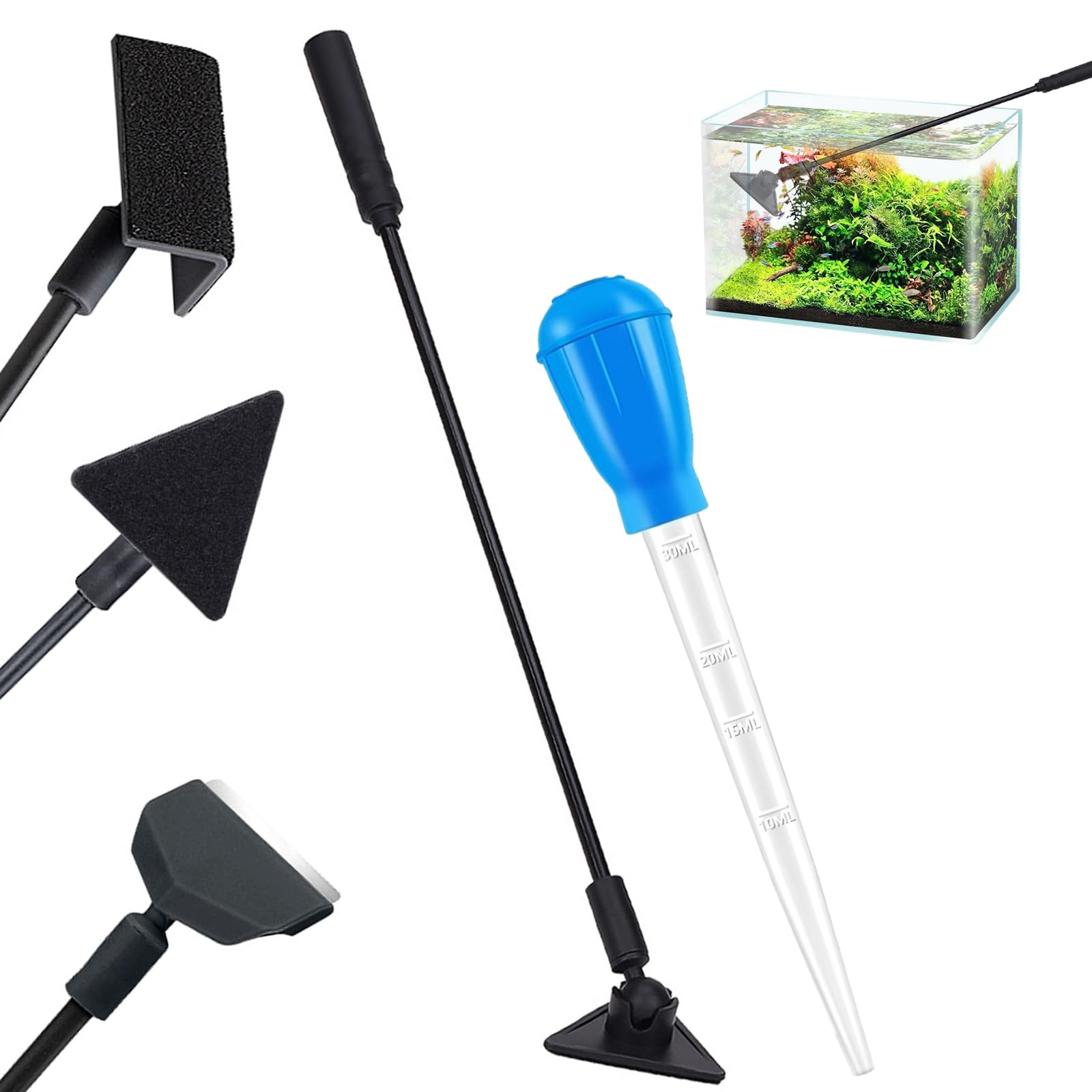 3 in 1 Aquarium Reinigungsset, 1 Stücke 30 ml Aquarium Pipette Dropper, Algenreiniger Tool Set, Algenschaber Triangle Bürste Rechtwinkliger Bürste, für Glas Fischbecken