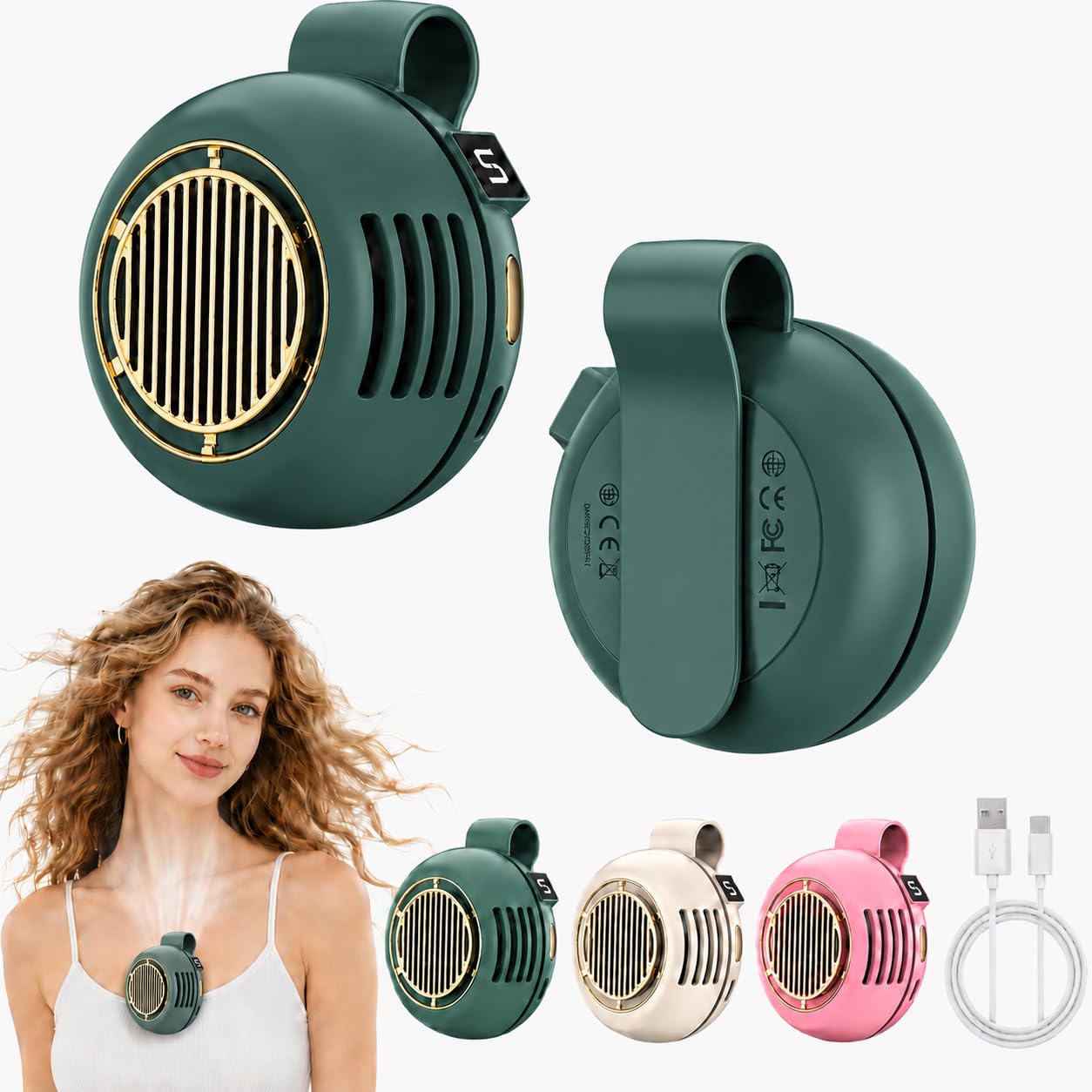 Clip On Fan for Clothes, Wearable Portable Mini Body Fans, 2026 New Hands Free Personal Small Fan for Waist Shirt Neck Hat, Rechargeable Bladeless Cooling Fans for Outdoor Travel Office (Green)
