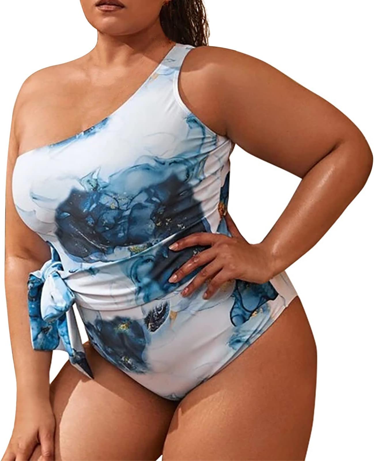iWINTOP Women's Plus Size Bikini Boho Print Monokini Sexy One Shoulder High Cut One Piece Bathing Suit