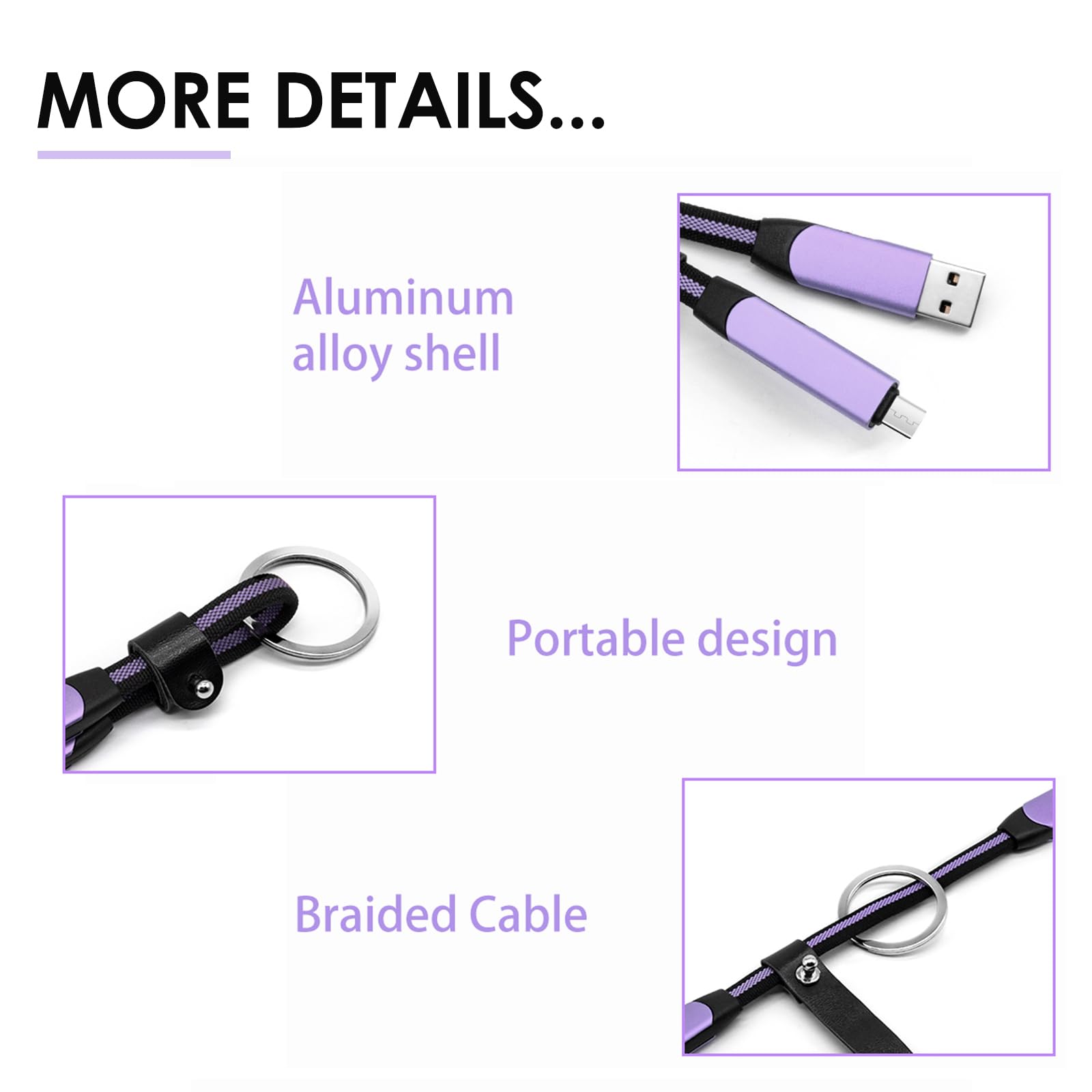 Câble de charge multiple USB C court, PD 60 W 3 A, charge rapide, porte-clés USB C pour voyage, câble de charge universel pour téléphones portables et plus (bleu)