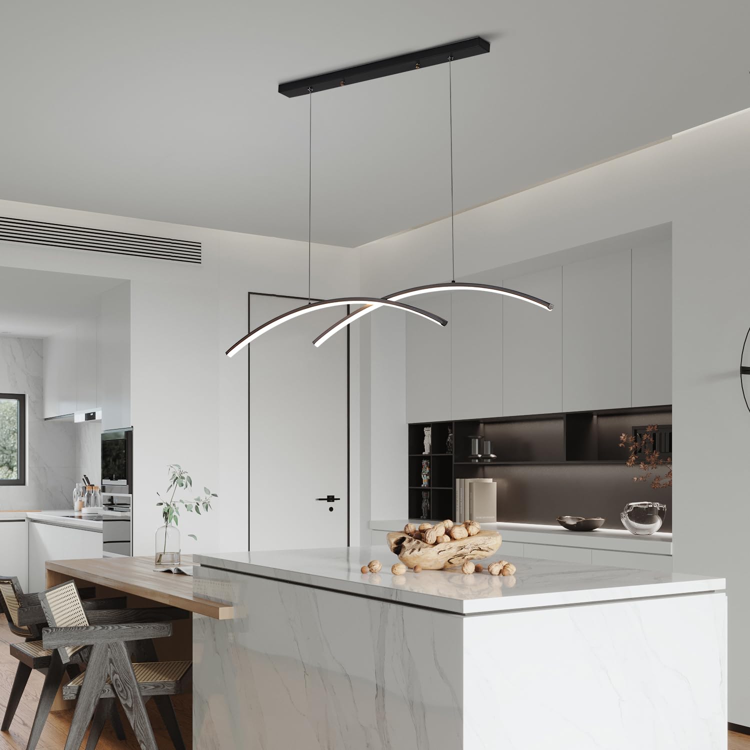 modern led pendant light fixtures, 3000-6000k dimmable linear pendant light, 35.4'' matte black island lights for kitchen dining room living room office bar