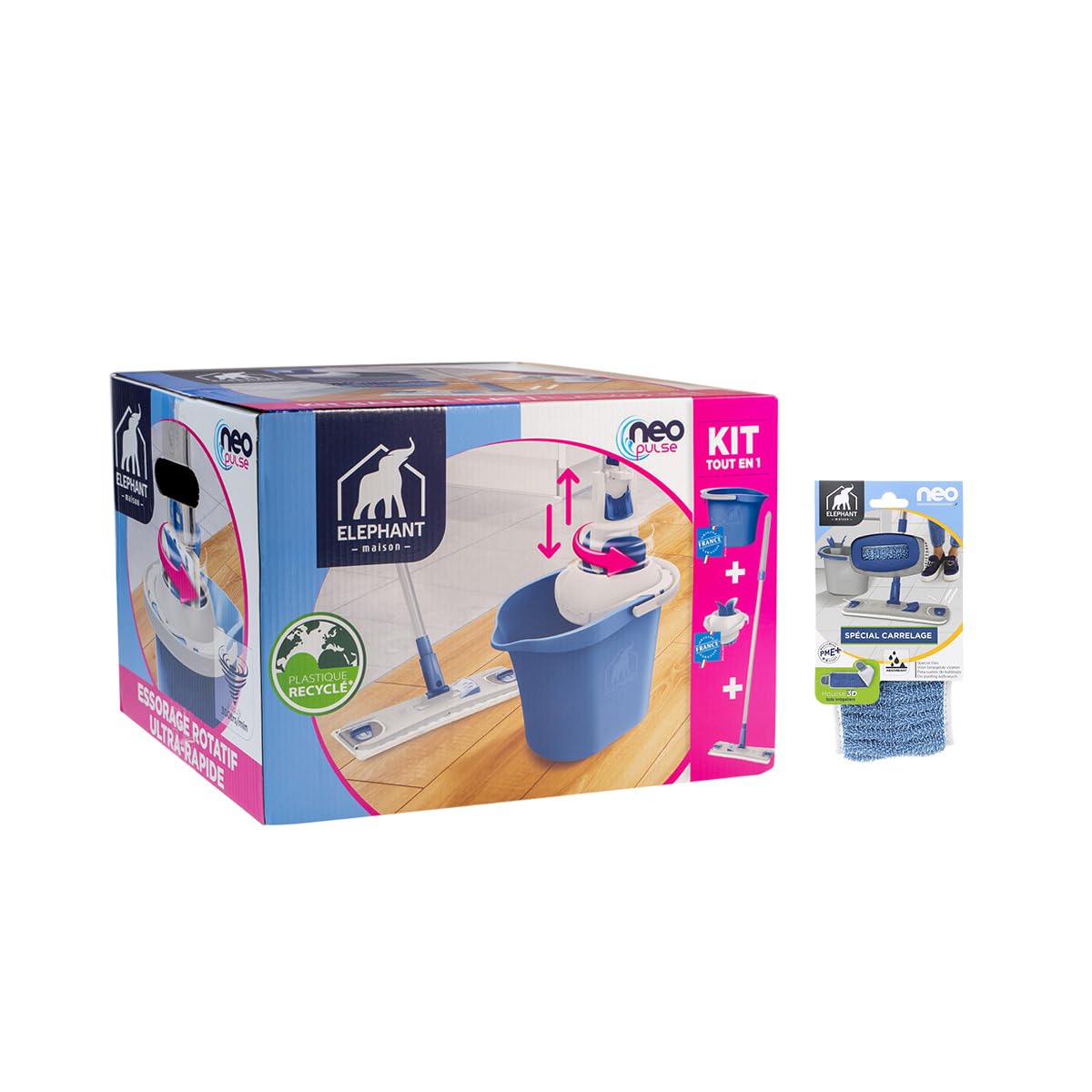 ELEFANANT Maison – Kit Neo Pulse – 2 fundas incluidas – Limpieza fácil sin esfuerzo y sin mojarse las manos – Escurre giratorio rápido – Ultra absorbente – Plástico reciclado – Fabricado en Francia