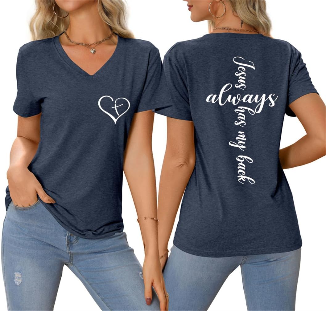Jesus Christian Shirts Womens Jesus Always Has My Back Tshirt Religious Faith T-Shirt V Neck Inspirational Funny Top - Image 2