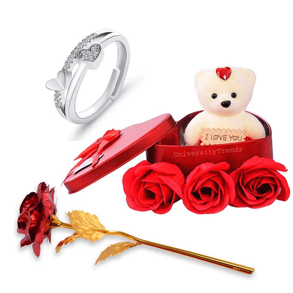 University Trendz Valentines Day Gift Combo of Silver Plated Double Heart Shape Adjustable Ring with Red Rose and Soft Teddy Bear Gift Box for Boyfriend/Girlfriend/Gift for Him/Her (B08X6K8HPH) Amazon Price History, Amazon Price Tracker