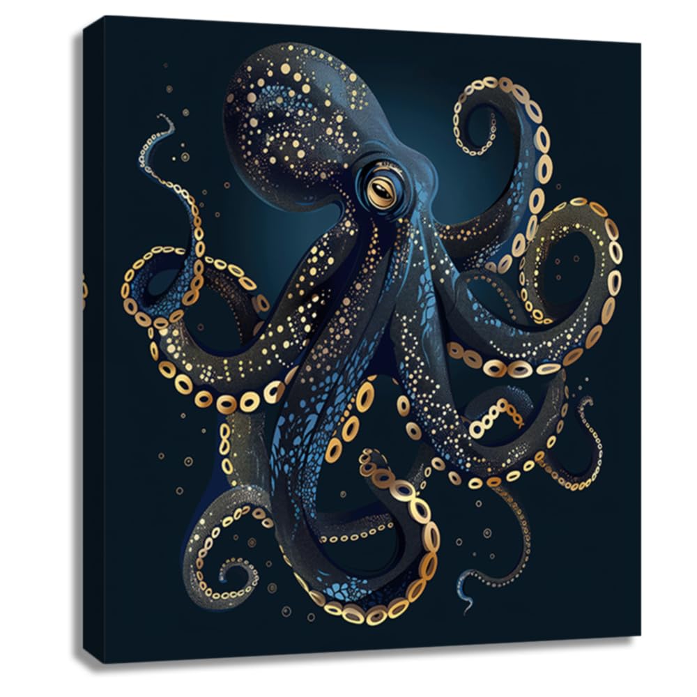 QIXIANG Octopus Canvas Wall Art Black Gold Blue Ringed Octopus Picture Prints Coastal Nautical Ocean Bathroom Sea Life Poster Decor (gold,12L x 12W)