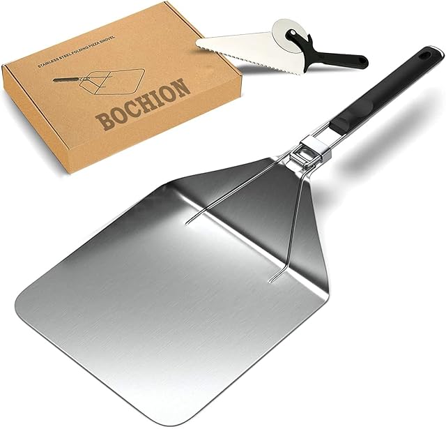 Pizza Peel and Pizza Cutter Set, 12 Inch Stainless Steel Pizza Paddle with 2 in 1 Pizza Slicer Wheel & Server, Non-Stick Pizza Oven Accessories with Foldable Handle for Homemade Pizza Pie Cake Bread