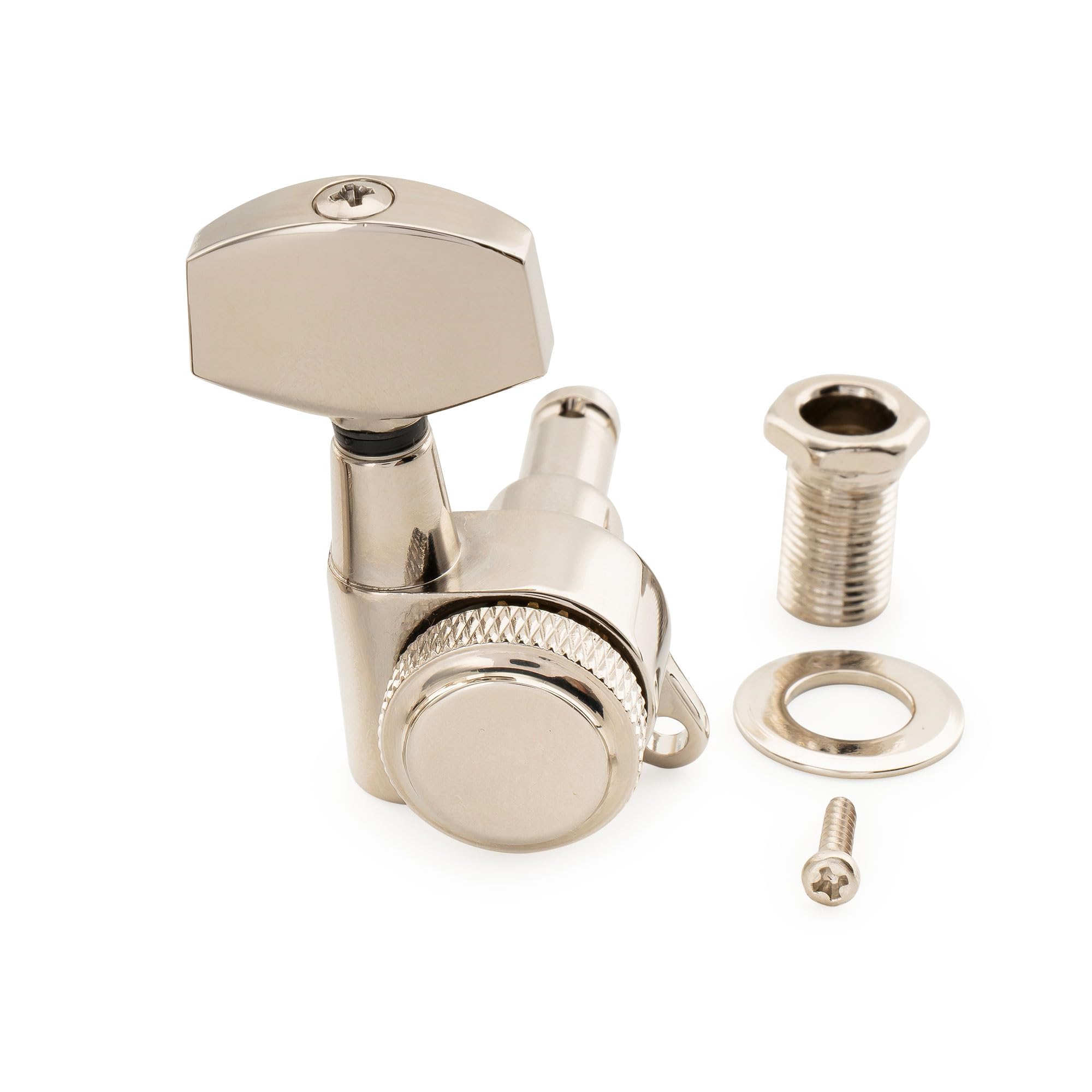 Pro Single 18:1 Ratio Full Sealed Locking Machine Head Bass Side Tuner Tuning Peg Key with Big Hex Button 45 Degree Screw for Acoustic Electric Guitar, Nickel