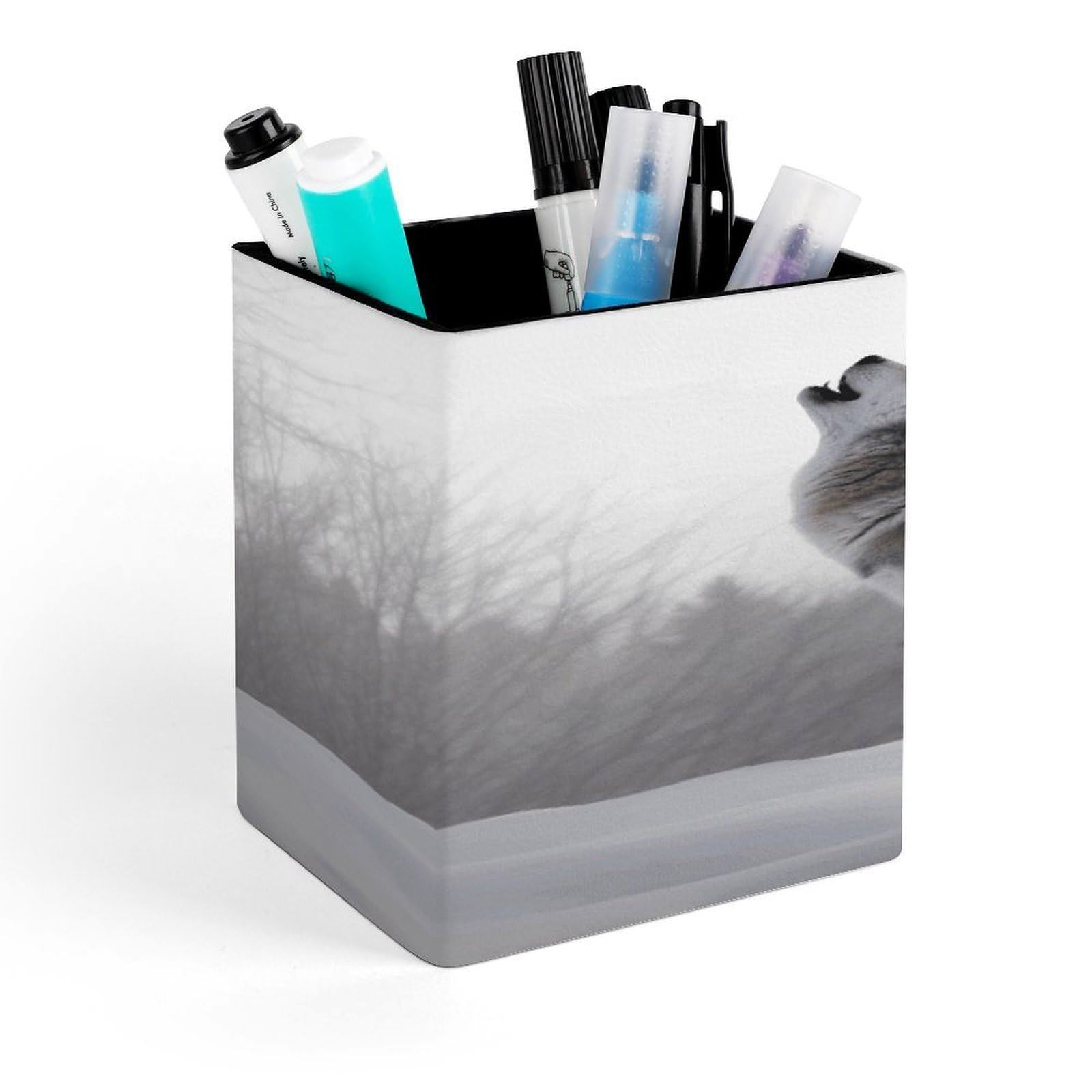 JTREHY - Howling Wolf Pen Holder Square Makeup Brush Holder PU Leather Stationery Organizer Office Accessories Container Box