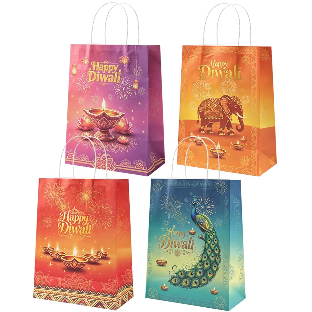 Boerni 12Pcs Diwali Gift Bags with Handles - Happy Diwali Treat Goody Bags,Indian Deepavali Festival Paper Bag for Candy, Snacks and Festival of Lights Party Favor Decorations