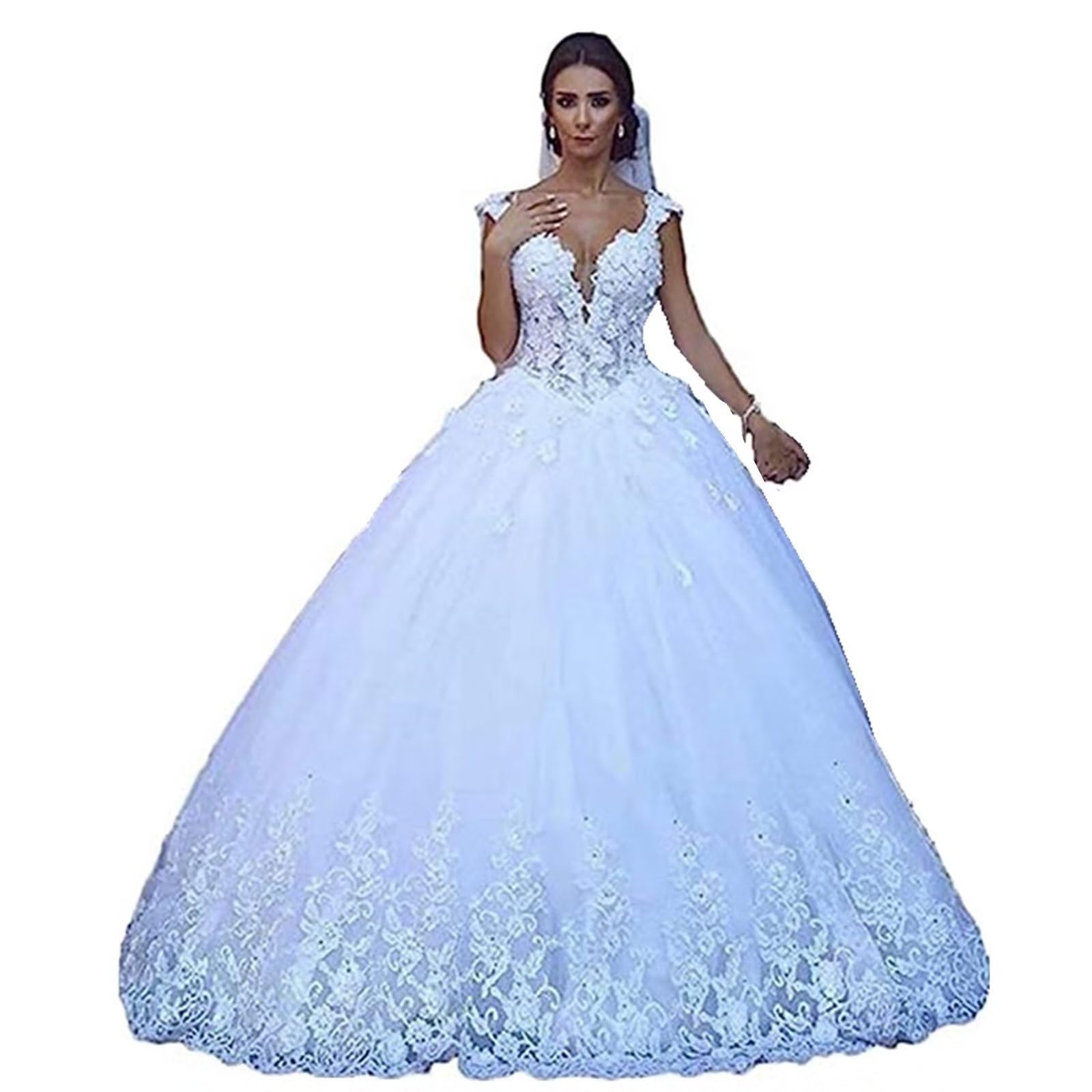 Rmaytiked Fantastic V-Neck Wedding Dresses for Bride Ball Gown Beaded Lace Tulle Wedding Bridal Gowns for Women