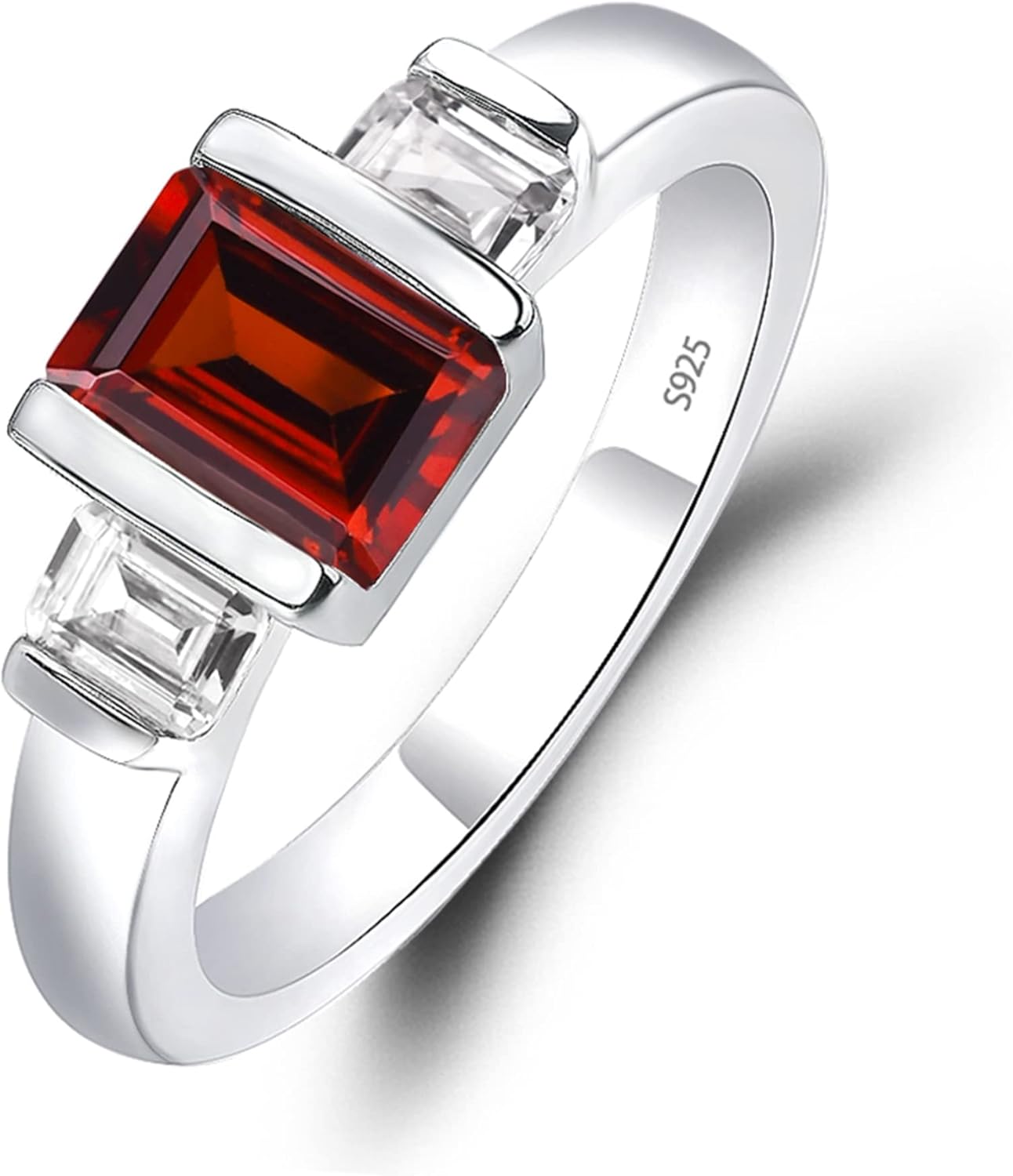 S925 Sterling Silver 3-Stone Ring Engagement Ring Emerald Cut Gemstone Ring Half Bezel Wedding Promise Rings for Women Jewelry