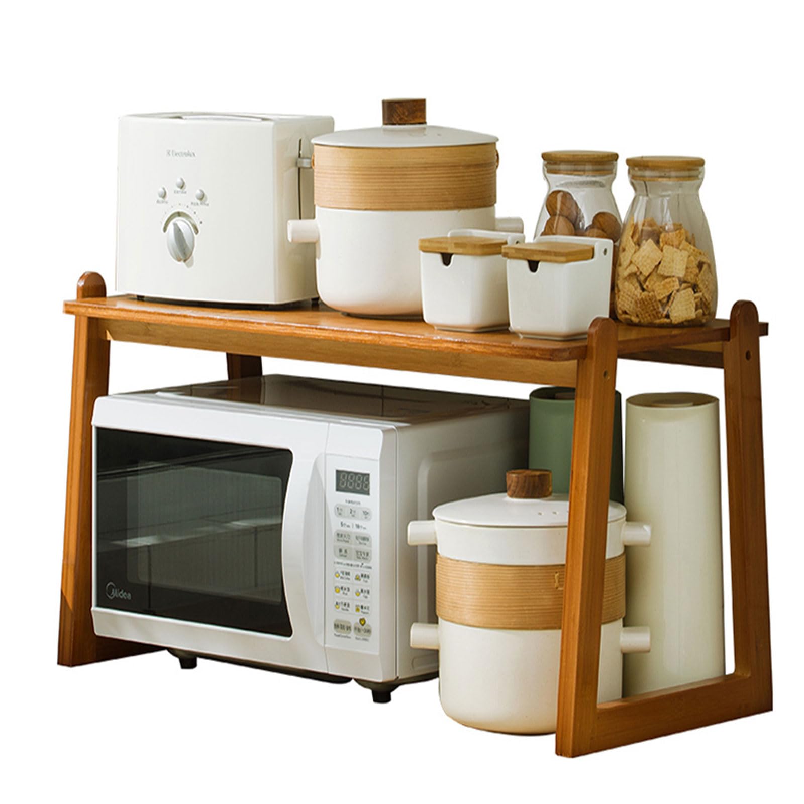 GLJTUO Wooden 2 Tier Microwave Stand with Toaster Shelf for Kitchen Countertop Oven Rack Organizer with Condiments Storage,A