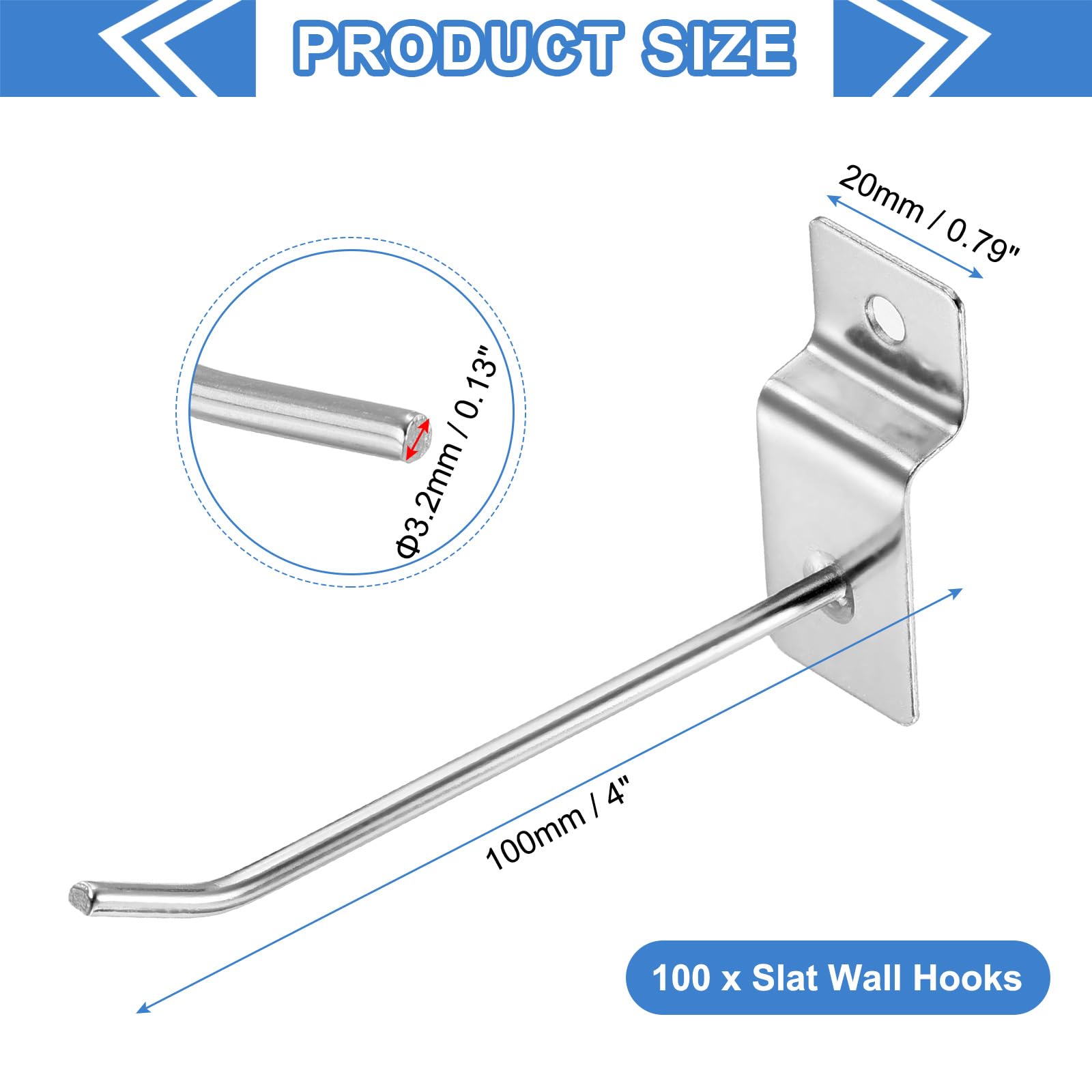 QUARKZMAN 100pcs Ganchos para Panel Ranurado Accesorios de Metal (Plata) | para Panel Ranurado de 4"/100mm Ganchos para Panel de Rejilla de Exhibición Comercial Garaje Supermercado
