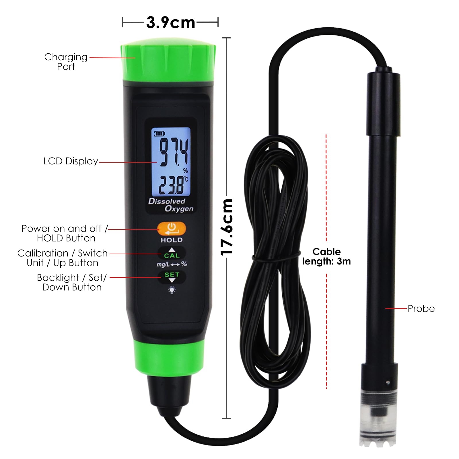 Medidor digital recargable de oxígeno disuelto | Medidor preciso de OD con sonda autoflotante, cable largo, LCD y batería ecológica | Ideal para peceras, hidroponía y más