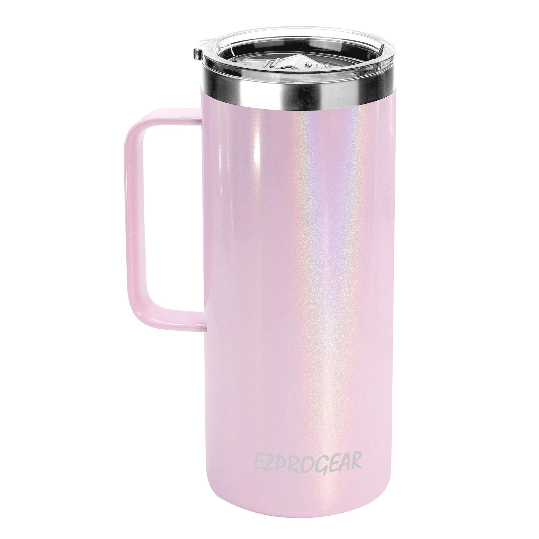 Ezprogear Chope à bière en acier inoxydable à double paroi avec poignée et couvercle Motif œillets Rose pailleté 950 ml
