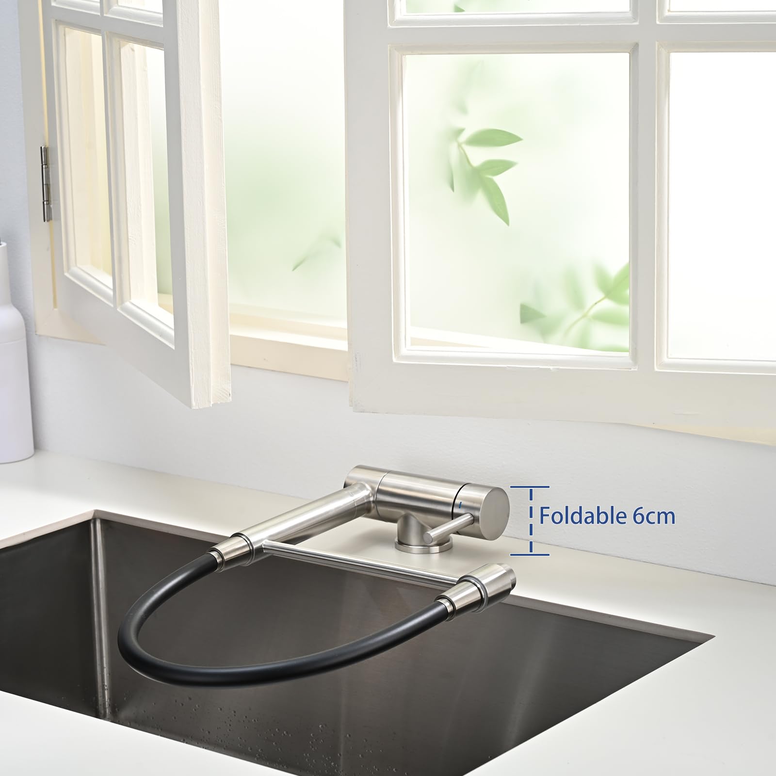Robinet Cuisine Rabattable, Mitigeur Cuisine sous Fenêtre Pliable, Mitigeur Evier Cuisine Rotatif à 360°, Acier Inoxydable 304 Brossé (Argent)