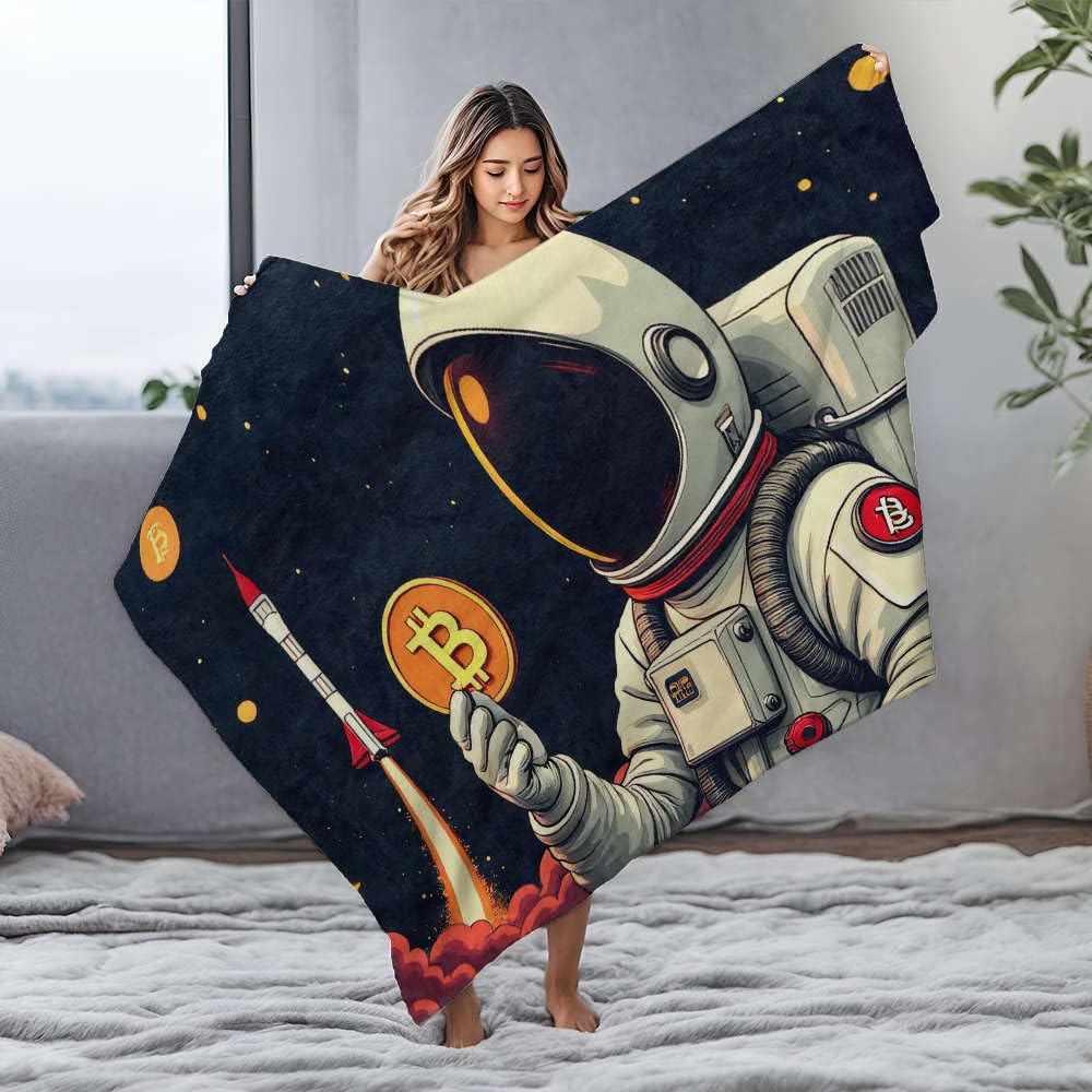 Couverture en flanelle Bluey plaid astronaute fusée et jeton Bitcoin pour lit doudou enfant