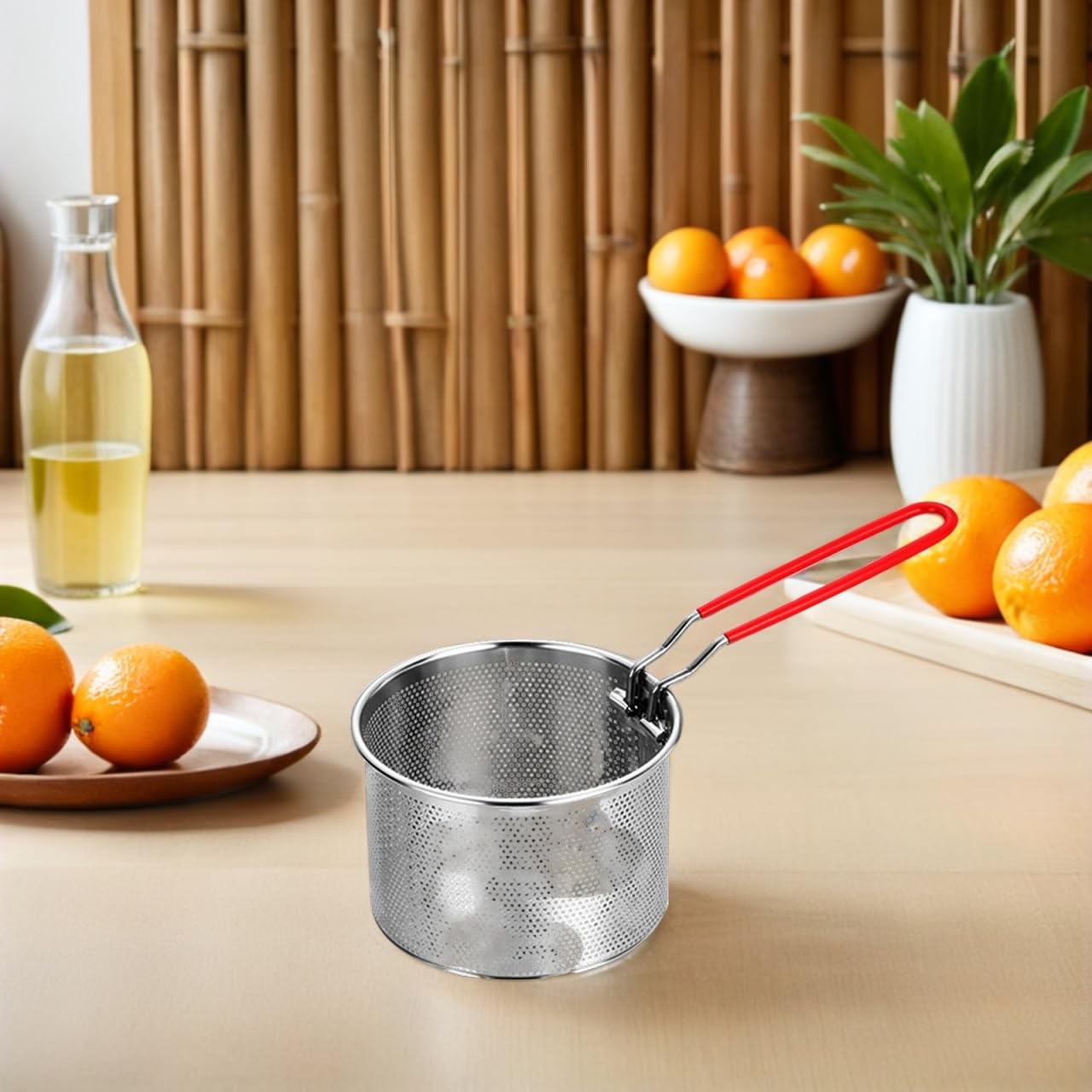 CALLARON Cesta redonda de acero inoxidable para freír, malla de alambre francés, canastas para freír alimentos, vajilla con asa para cocina, freír, pasta, espaguetis, 14 cm