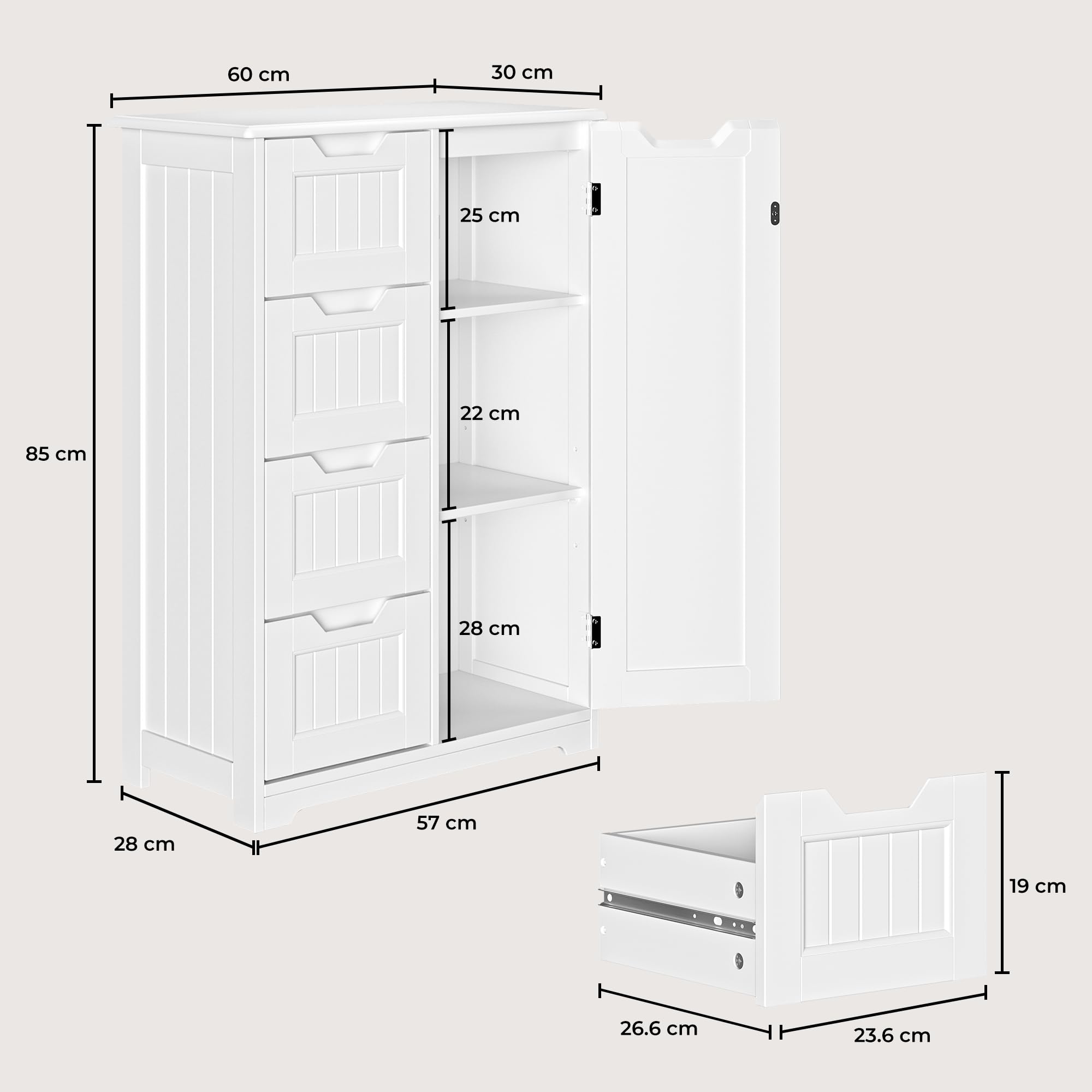Meuble de Salle de Bain avec 4 tiroirs, Meuble autoportant, Meuble latéral avec Porte et séparateur Ajustable, pour Salle de Bain, Couloir, 30 x 60 x 85 cm (Blanc)