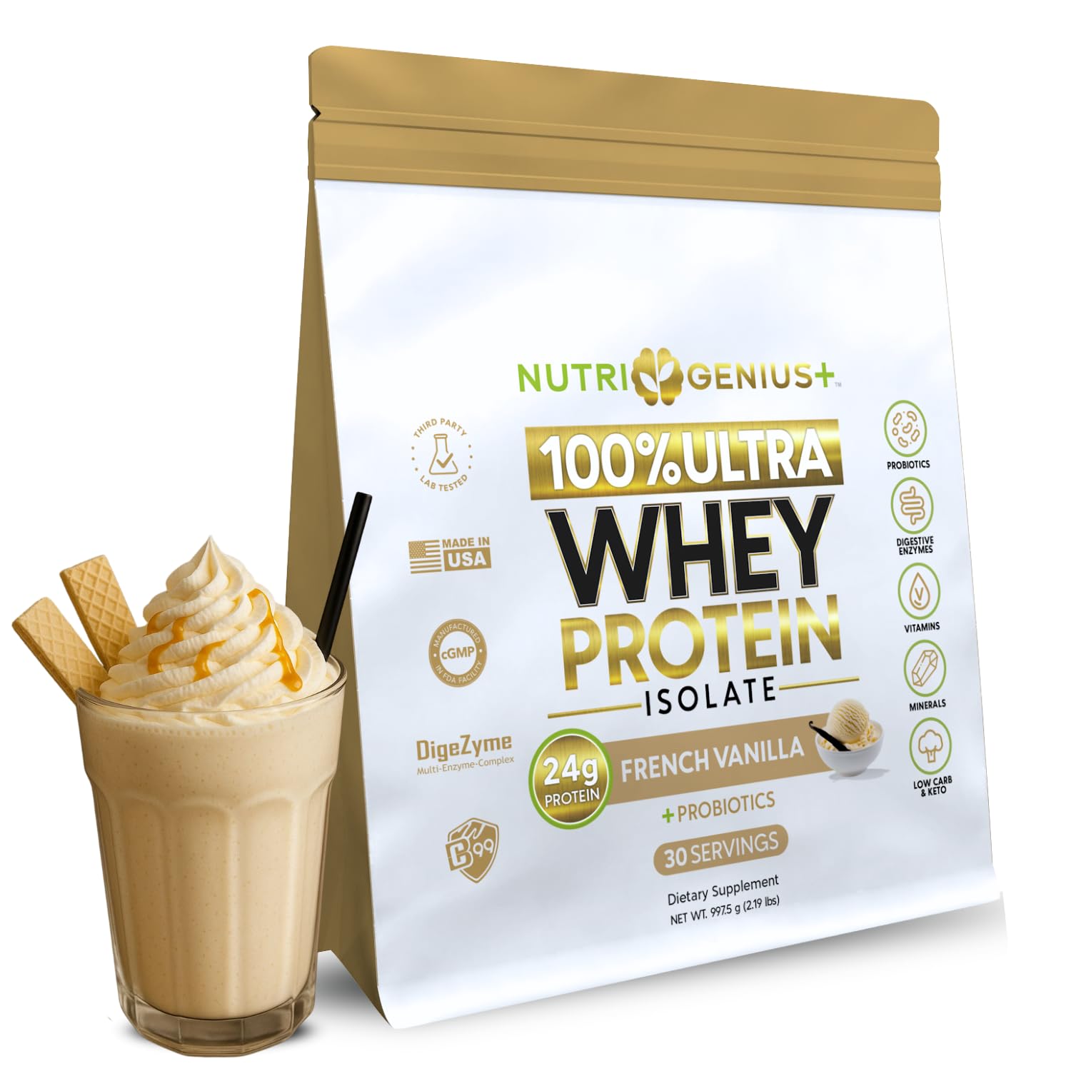 Nutrigenius + Aislado de proteína de suero de leche todo en uno con probióticos, enzimas digestivas, vitaminas y minerales, vainilla, 30 porciones, sin gluten, apto para dieta cetogénica, sin azúcar
