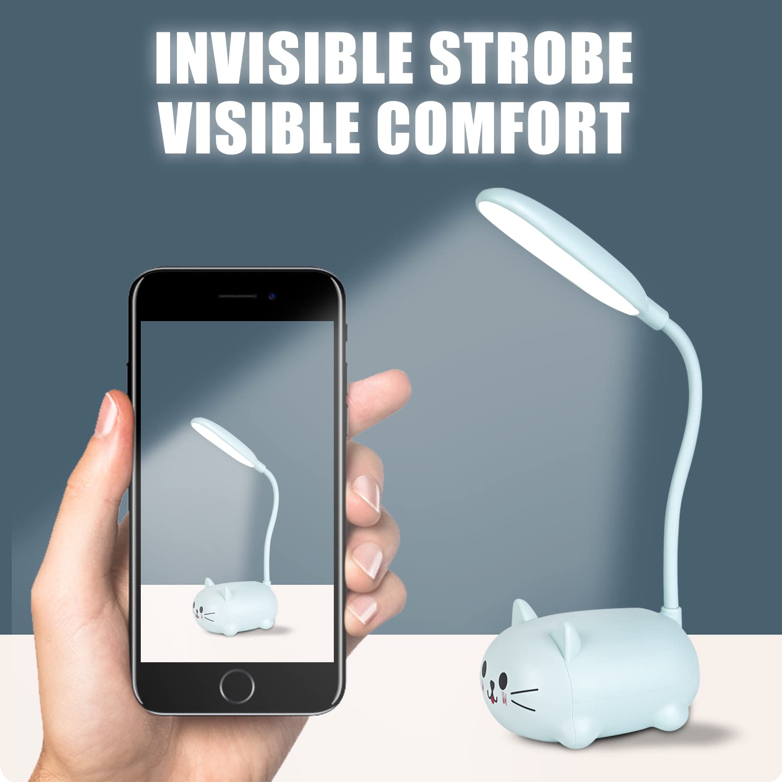 Molbory Lámpara de Escritorio para Niños, Lámpara de Lectura con Protección para los Ojos Recargable por USB, Lámpara de Mesa LED para Gatos con Soporte para Teléfono Móvil, Regalo para Niños