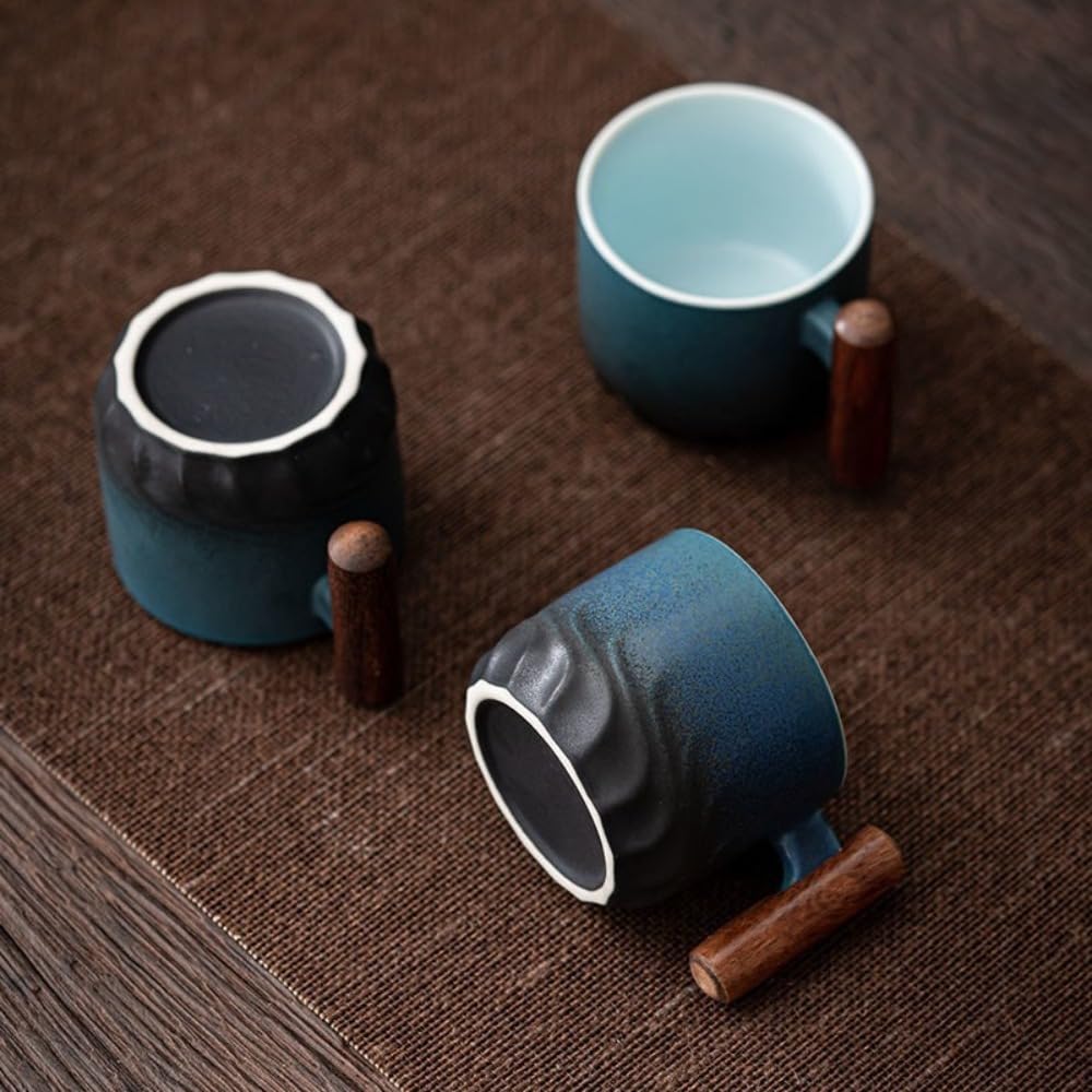 Tasse à café rétro en céramique avec Filtre à Eau et poignée en Bois