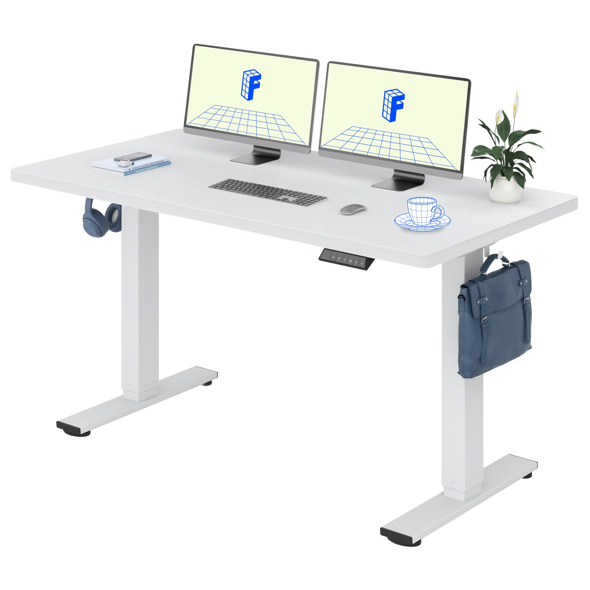 FLEXISPOT Höhenverstellbarer Schreibtisch 140×80cm, mit Haken und 25mm EINTEILIGER Tischplatte, ergonomischer Schreibtisch mit LED-Höhenanzeige und Memory-Funktion (Weiß, Weiß)