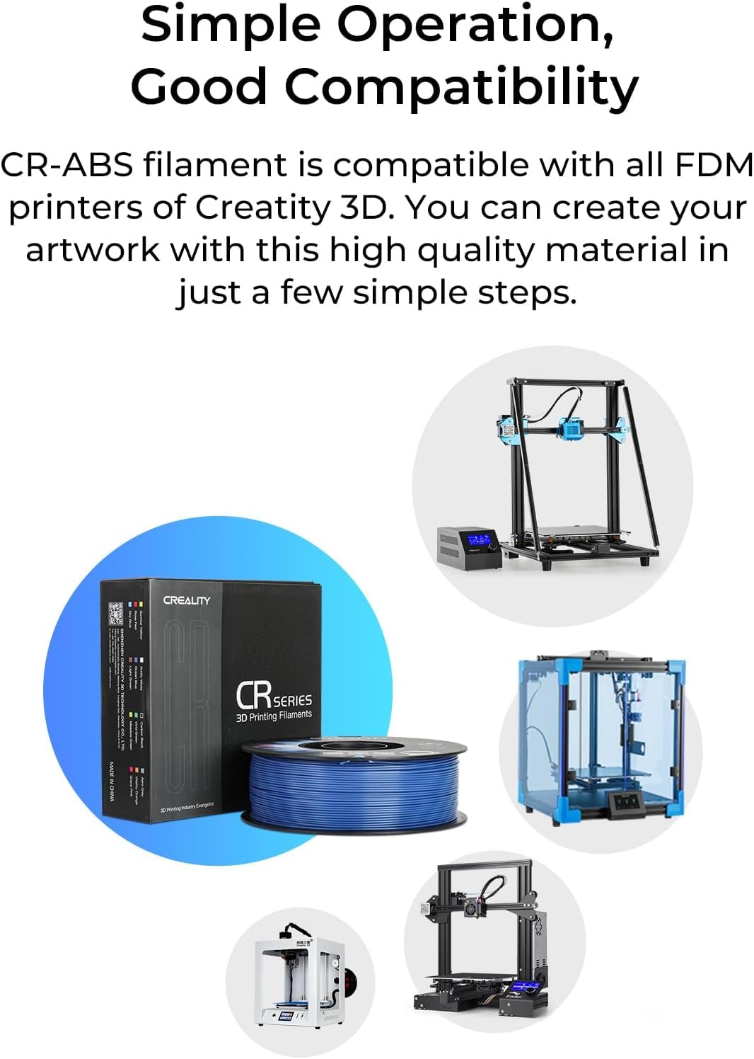 Creality Filamento ABS da 1,75 mm, robusto filamento per stampante 3D ad alta resistenza, inodore e atossico, indeformabile e resistente agli urti, bobina da 4 kg, nero, bianco, grigio e blu
