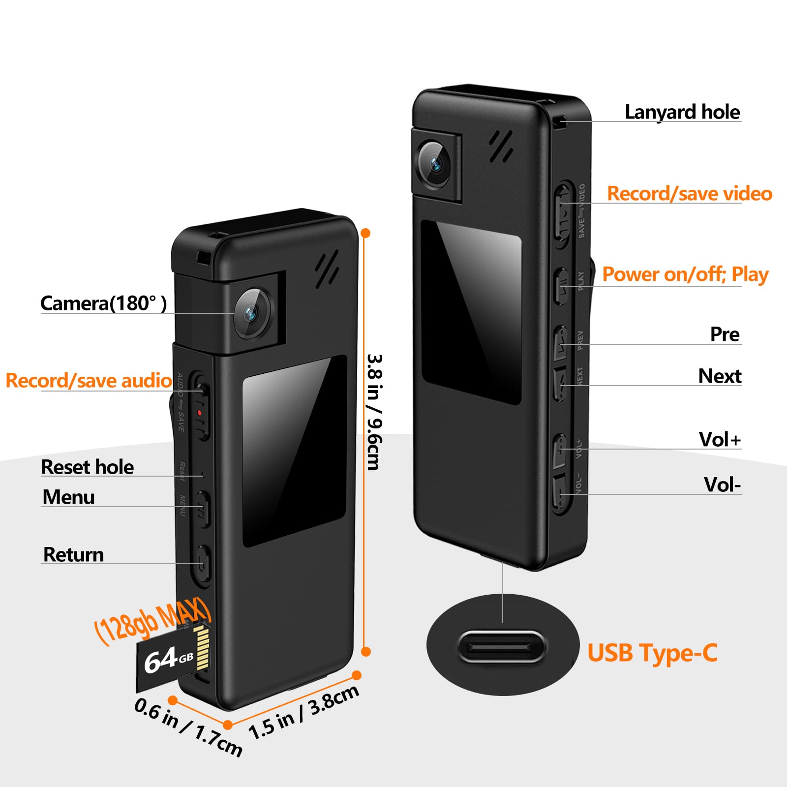 Caméra Corporelle A32 64Go, Appareil Photo Portable avec Objectif Rotatif à 180° et Détection de Mouvement, Caméscope 1080p avec Enregistrement Audio Vidéo pour Sports de Plein air, Police