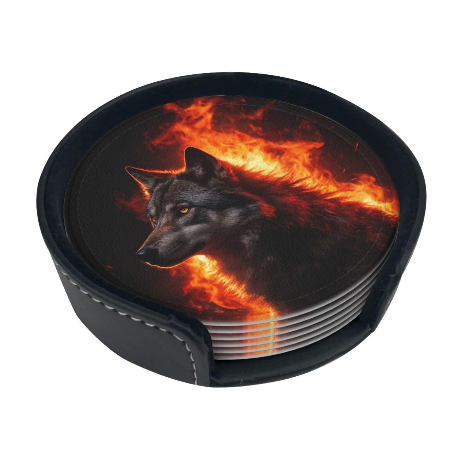 Wolf Fire Glow Leather Coasters-Set of 6 with Storage Holder