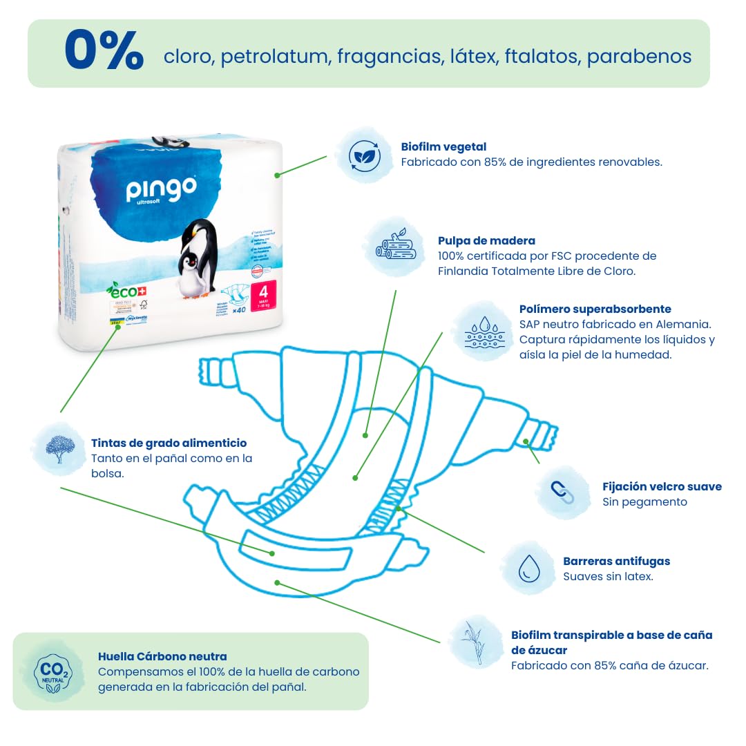 Pingo Pañales Ecológicos Talla 4 Maxi (7-18 kg), 1 bolsa de 40 pañales
