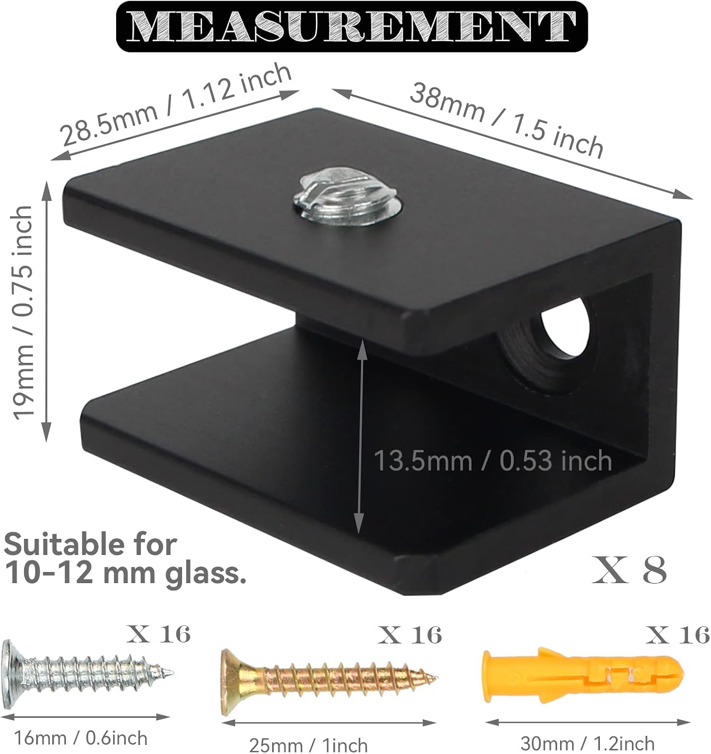 WANLIAN 8 Pcs Glass Shelf Brackets Aluminum Alloy Glass Clamp Wall-Mounted Shelf Holder Matte Black (1/2 Inch)