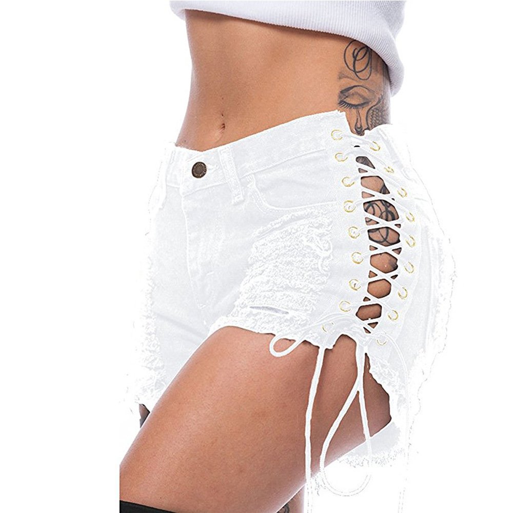 Womens Lace Up Ripped Jeans Sexy Low Waisted Shorts Denim
